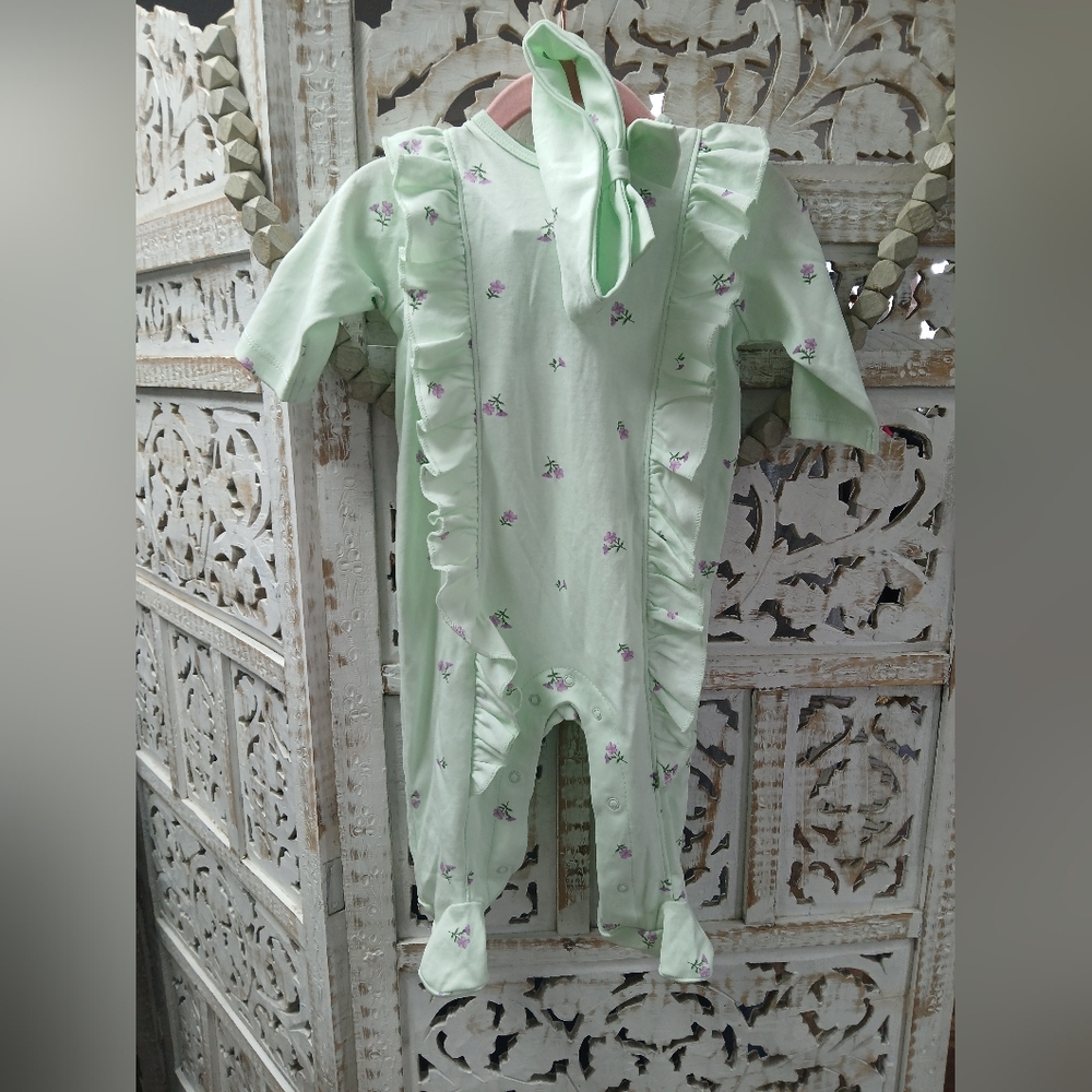 Little Me Light Green Floral Ruffle Footie